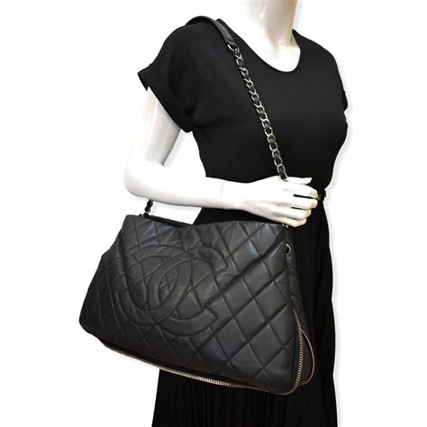 Expandable Zip Around Caviar Quilted Tote Shoulder Bag Black